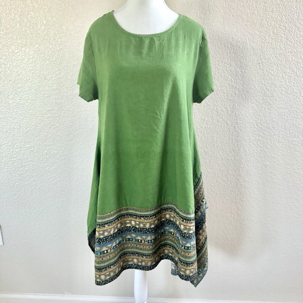 Minibee Womens Large Green Ethnic Cotton Linen Irregular Dress Short Sleeve Boho